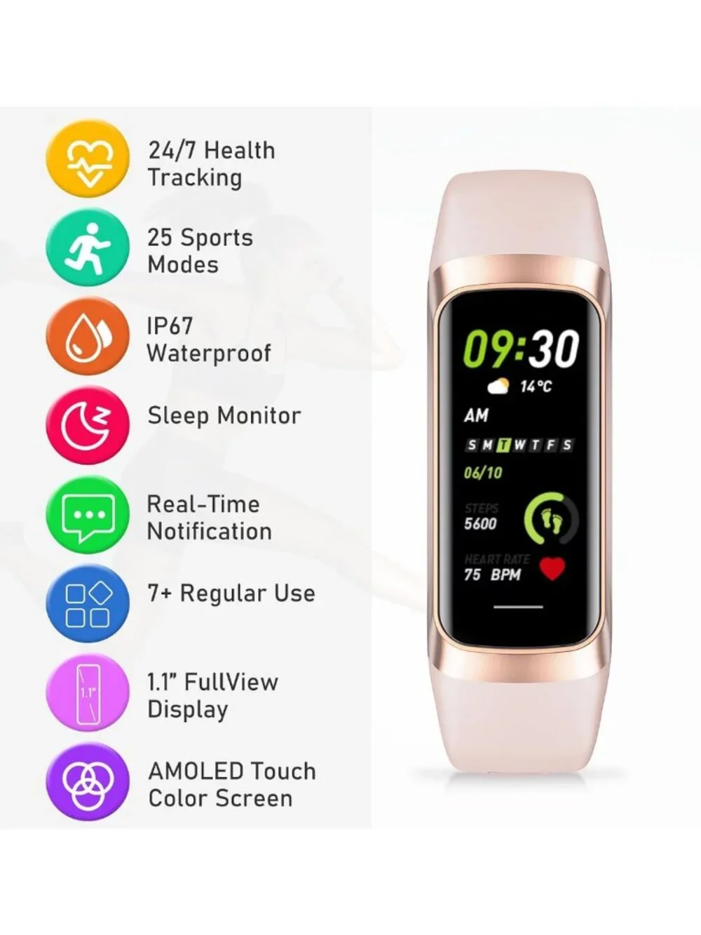 Waterproof Fitness Tracker for Heart Rate, Blood Pressure & Calories - AMOLED